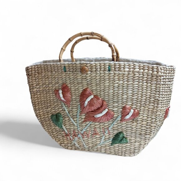 Vintage Hawaii Woven Straw Tote Bag w/ Bamboo Handles, Lined - Picture 2 of 14